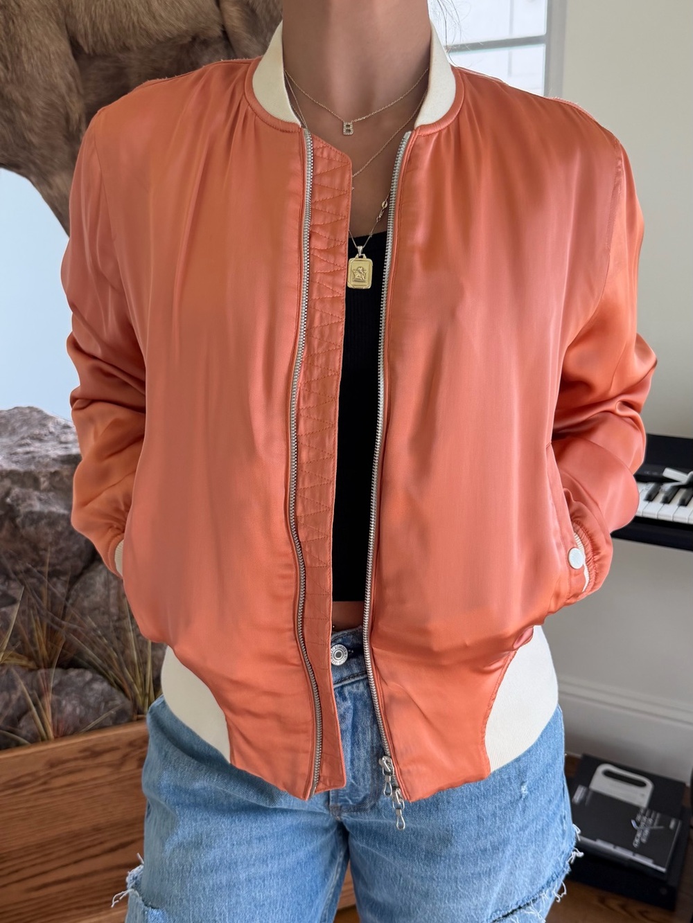 rag & bone Peach Satin Bomber Jacket with Cream Trim, M